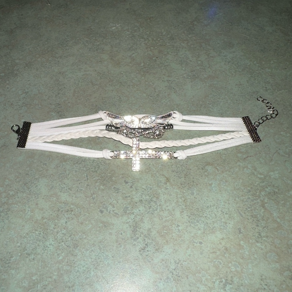 Diamond, Angel Wing, and Infinity Symbol Leather Diamond Bracelet (1/2)